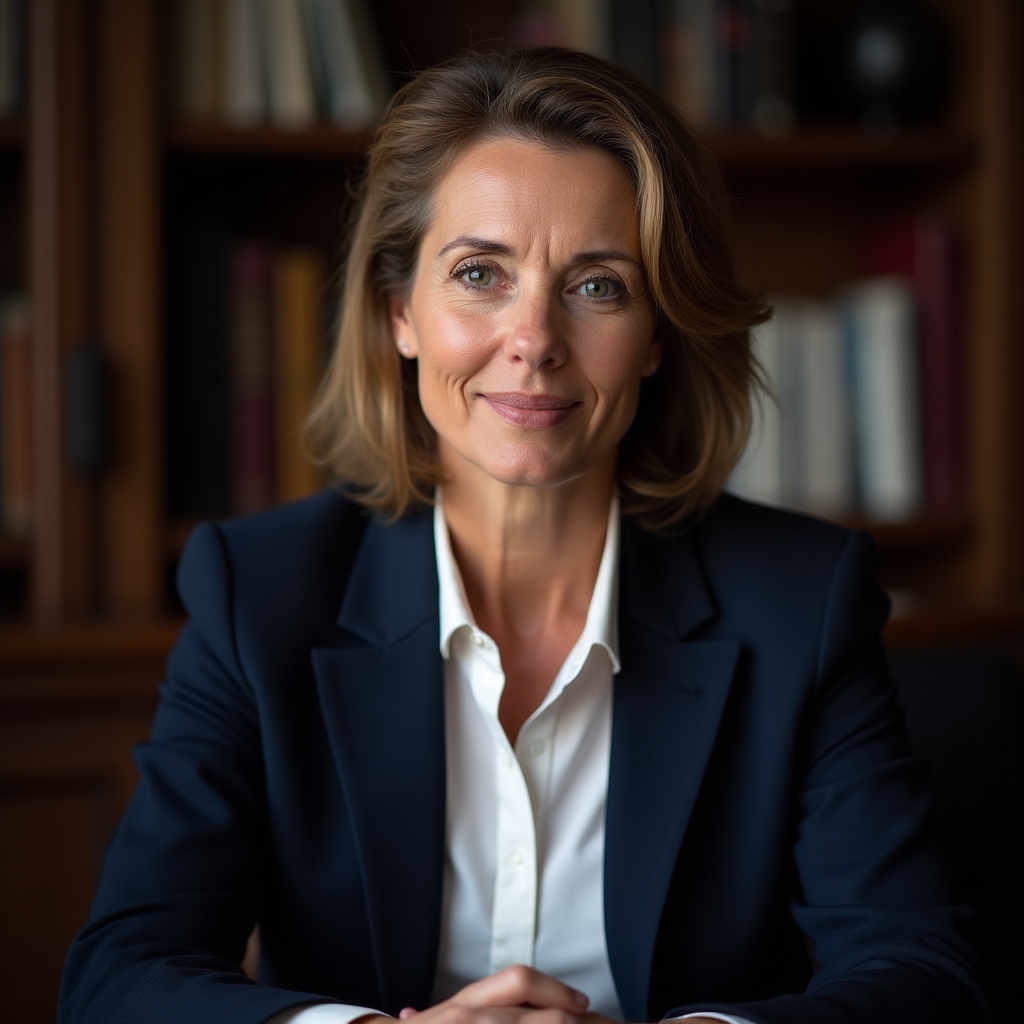 Course facilitator, a woman in her early fifties with a warm professional expression, seated at a desk with books behind her